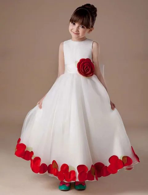 White Satin Organza Blumenmädchen Kleid Kommunionkleider