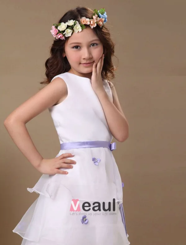 Multi-couche Manches Ceinture Satin Organza Robe Ceremonie Fille Robe Fille Mariage