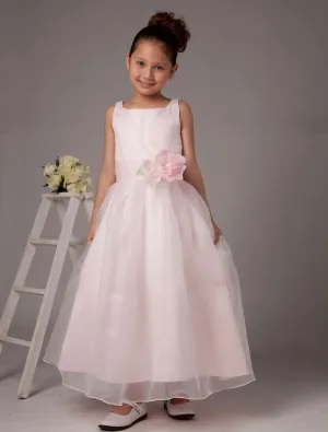 Pink Spaghetti Flower Satin Organza Flower Girl Dress