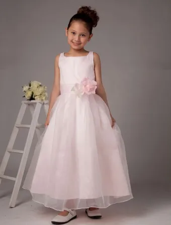 Pink Spaghetti Flower Satin Organza Flower Girl Dress