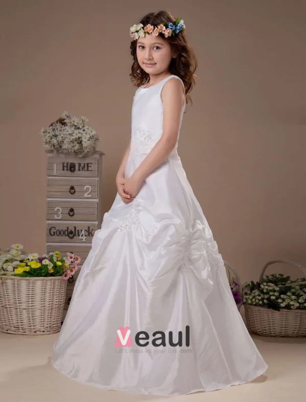 White Satin Sleeveless Satin Flower Girl Dress