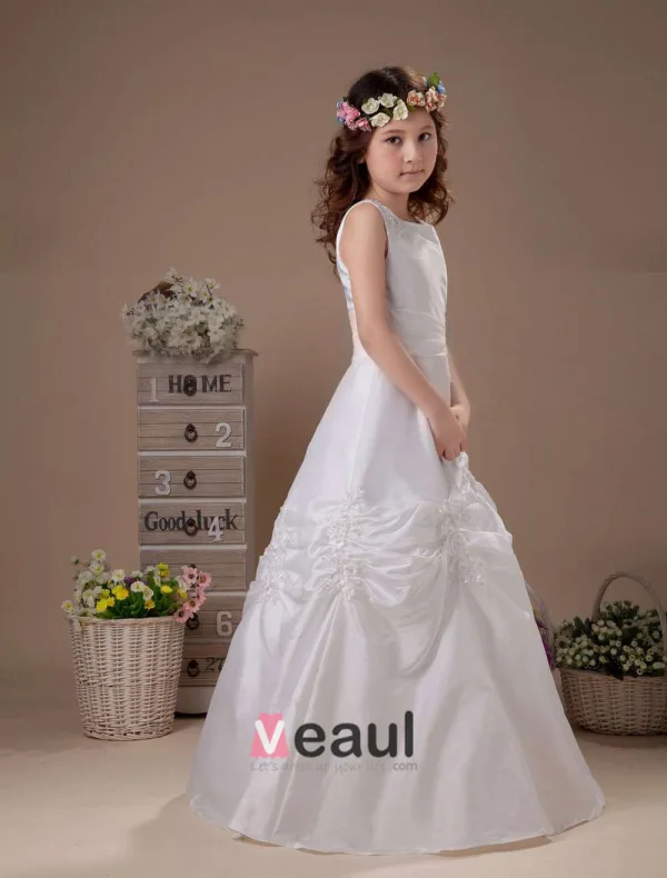 White Satin Sleeveless Satin Flower Girl Dress