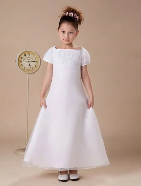 White Short Sleeves Satin Chiffon Flower Girl Dress