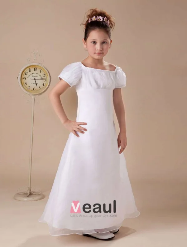 Manches Courtes Chiffon Satin Blanc Robe Ceremonie Fille Robe Fille Mariage