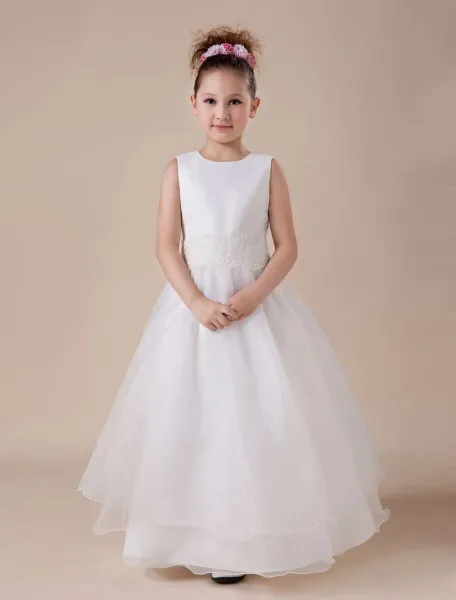 White Sleeveless Lace Paillette Applique Flower Girl Dress