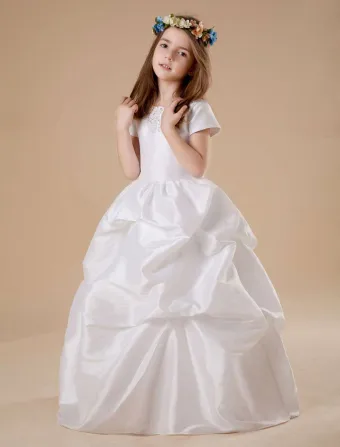 White Short Sleeves Ruched Satin Flower Girl Dress