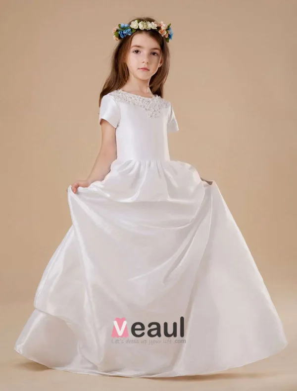 Manches Courtes Blanc Satin Plissé Robe Ceremonie Fille Robe Fille Mariage