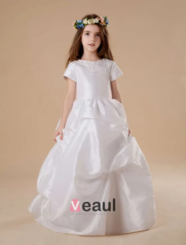 White Short Sleeves Ruched Satin Flower Girl Dress White Short Sleeves Ruched Satin Flower Girl Dress