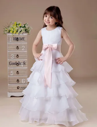 White Sleeveless Sash Bow Multi Layers Satin Flower Girl Dress