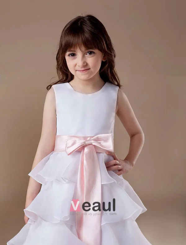 Blanche Sans Manches Ceinture Noeud Multi-couches Satin Robe Ceremonie Fille Robe Fille Mariage