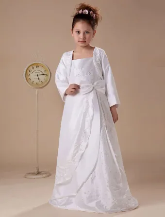 White Long Sleeves Appliques Satin Flower Girl Dress
