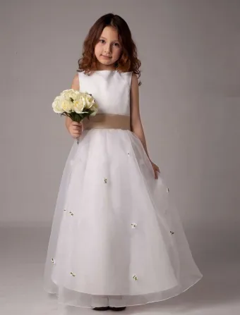 White Sleeveless Bow Sash Flower Girl Dress