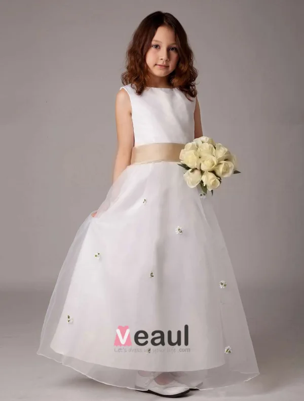 White Sleeveless Bow Sash Flower Girl Dress