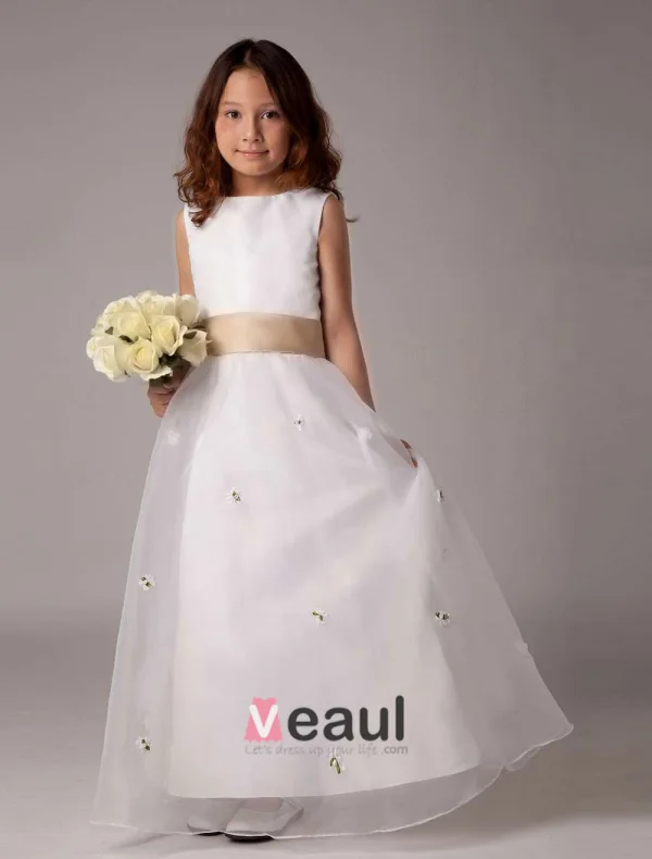 White Sleeveless Bow Sash Flower Girl Dress