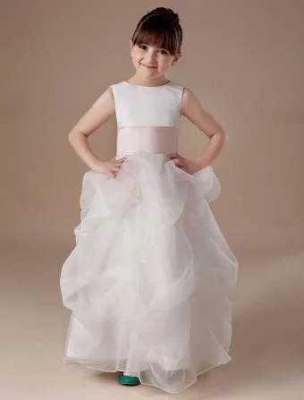 Sash Sleeveless Satin Organza Flower Girl Dress