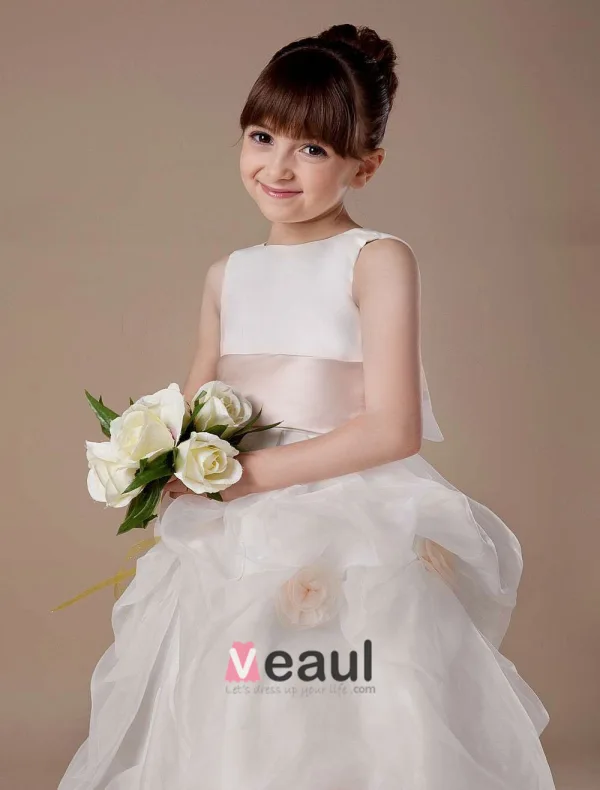 Sash Sleeveless Satin Organza Flower Girl Dress