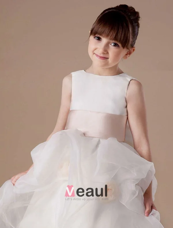 Sash Sleeveless Satin Organza Flower Girl Dress
