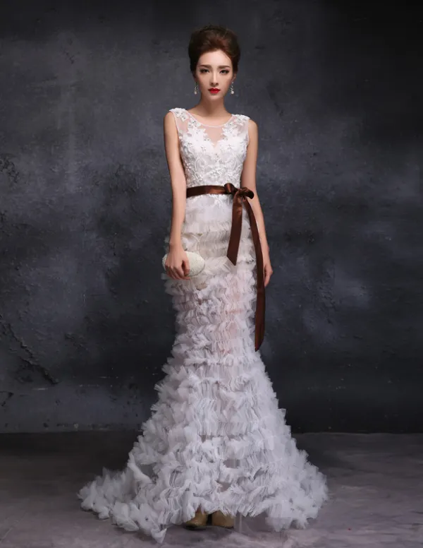 2015 Trumpet / Mermaid Scoop Neck Floor-length Long Pierced Tulle Wedding Dress With Sequins