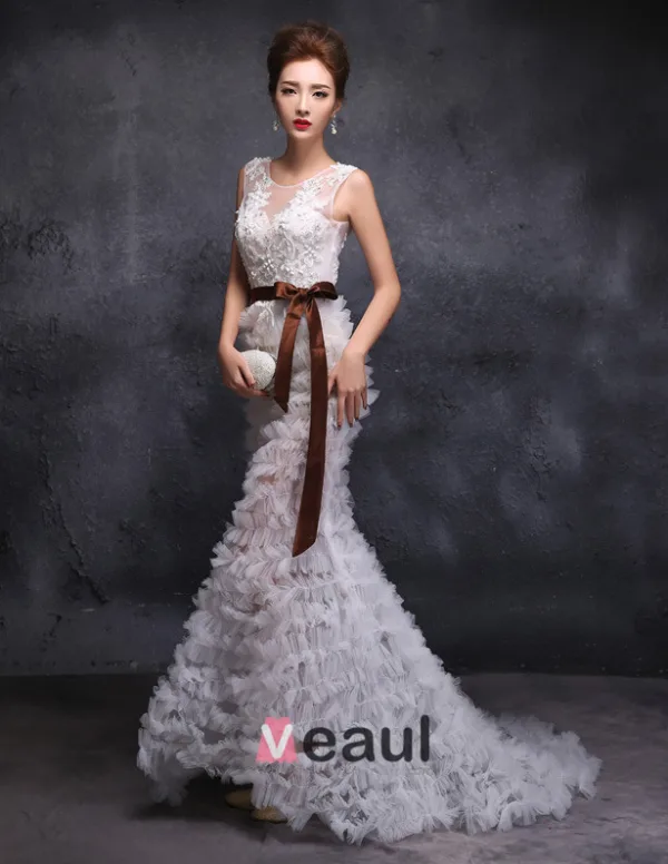 2015 Trumpet / Mermaid Scoop Neck Floor-length Long Pierced Tulle Wedding Dress With Sequins