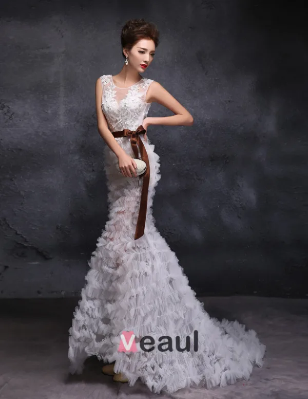 2015 Trumpet / Mermaid Scoop Neck Floor-length Long Pierced Tulle Wedding Dress With Sequins