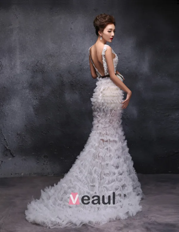 2015 Trumpet / Mermaid Scoop Neck Floor-length Long Pierced Tulle Wedding Dress With Sequins
