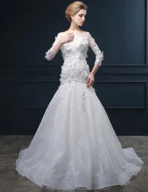 2015 Trumpet Mermaid Handmade Lace Flower Square Neckline Wedding Dresses