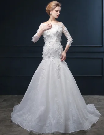 Robes De Mariée Décolleté Carré Main Fleurs De Dentelle Trompette Sirène