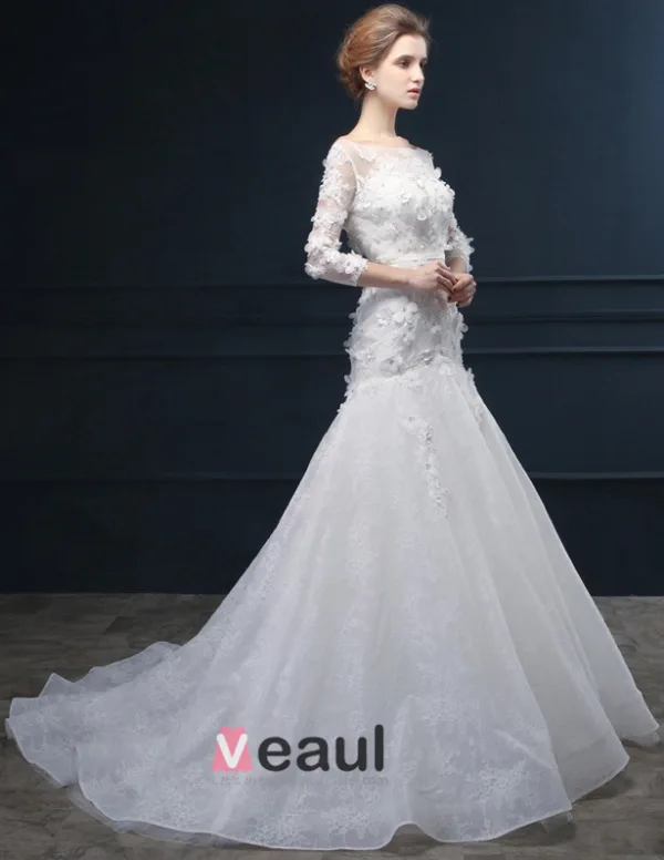 2015 Trumpet /Mermaid Handmade Lace Flower Square Neckline Wedding Dresses
