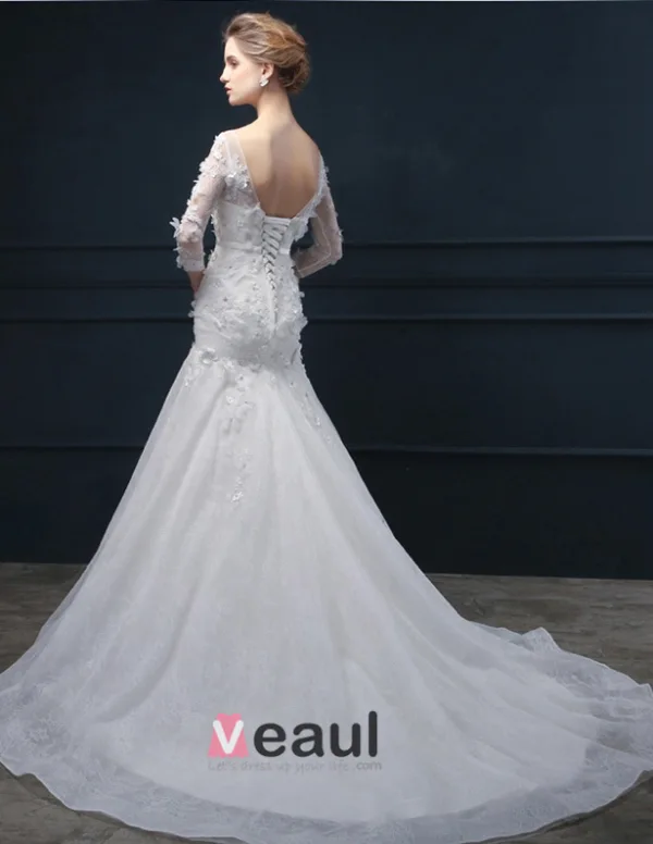 2015 Trumpet /Mermaid Handmade Lace Flower Square Neckline Wedding Dresses