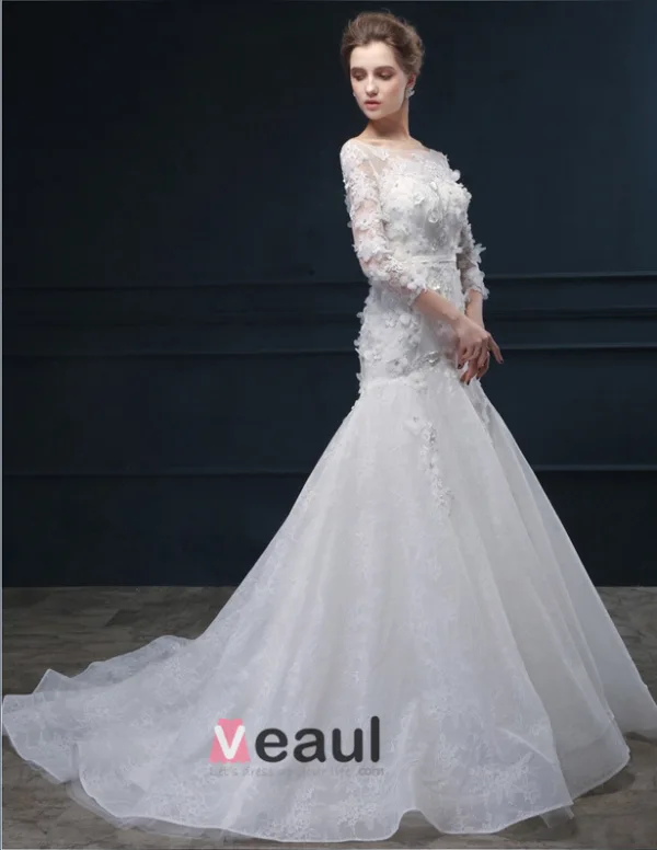 2015 Trumpet /Mermaid Handmade Lace Flower Square Neckline Wedding Dresses