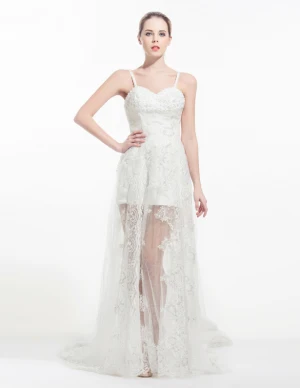 2015 Asymmetrical Appliques Lace Royal Train Short Wedding Dress Bridal Gown
