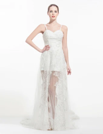 2015 Asymmetrical Appliques Lace Royal Train Short Wedding Dress Bridal Gown