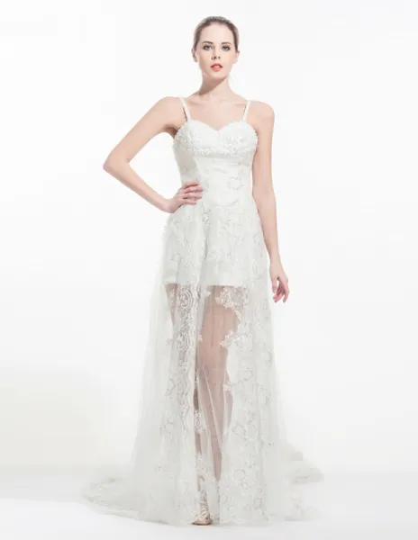 2015 Asymmetrical Appliques Lace Royal Train Short Wedding Dress Bridal Gown