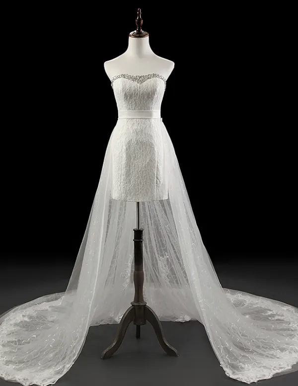 2015 Detachable Short Mini Bridal Gown Lace Wedding Dress