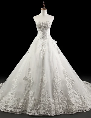 2015 Delicate Appliques Lace Beading Strapless Wedding Dresses Bridal Gown