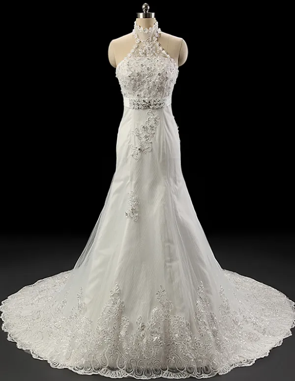 2015 Luxus Halfter Spitze Mit Perlen Hochzeitskleid Brautkleid-kristall