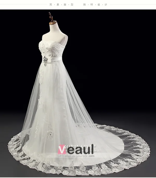 2015 Hand Made Flower Sash Crystal Lace Wedding Dress Bridal Gown
