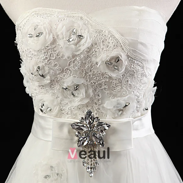 2015 Hand Made Flower Sash Crystal Lace Wedding Dress Bridal Gown