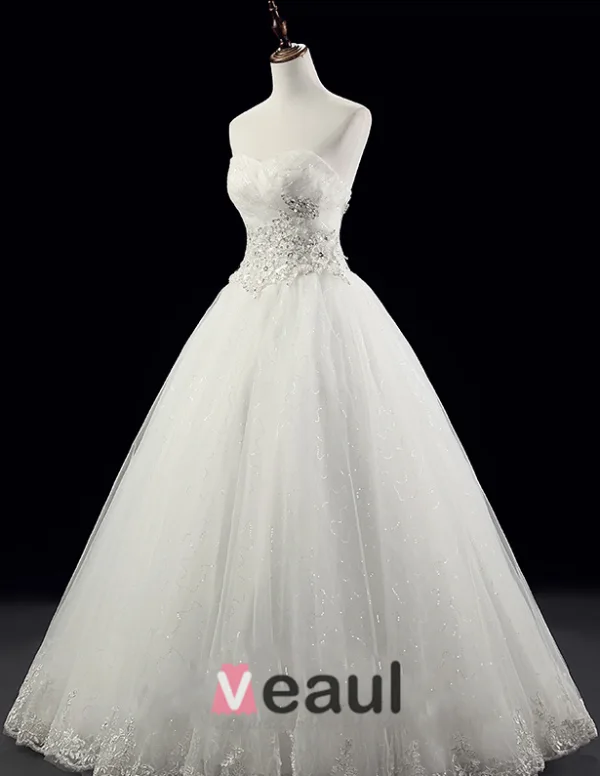 2015 Gorgeous A-line Strapless Floor-length Bridal Gown Crystal Wedding Dress