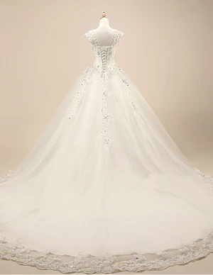 2015 Luxury Bridal Gown Lace Shoulders Crystal Wedding Dress