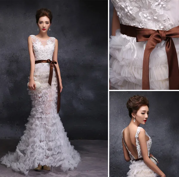 2015 Trumpet / Mermaid Scoop Neck Floor-length Long Pierced Tulle Wedding Dress With Sequins