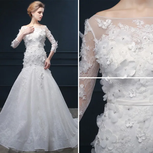 2015 Trumpet /Mermaid Handmade Lace Flower Square Neckline Wedding Dresses