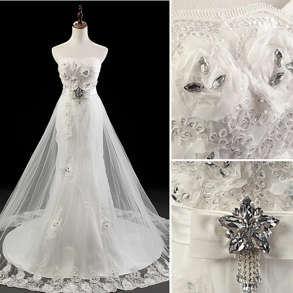 2015 Hand Made Flower Sash Crystal Lace Wedding Dress Bridal Gown