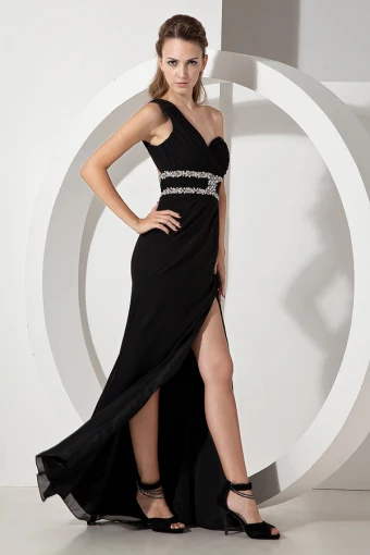 2015 Perfect Belt Crystals Ruched One Shoulder Black Evening Dresses