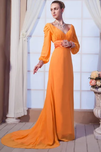 2015 A Line Long Sleeve Sweep Train Long Evening Dresses