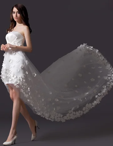 Une Ligne Fleur Brodée Robe Courte De Mariée En Tulle Asymétrique