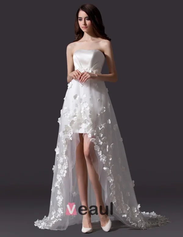 2015 A-line Embroidered Flower Asymmetrical Tulle Short Wedding Dress