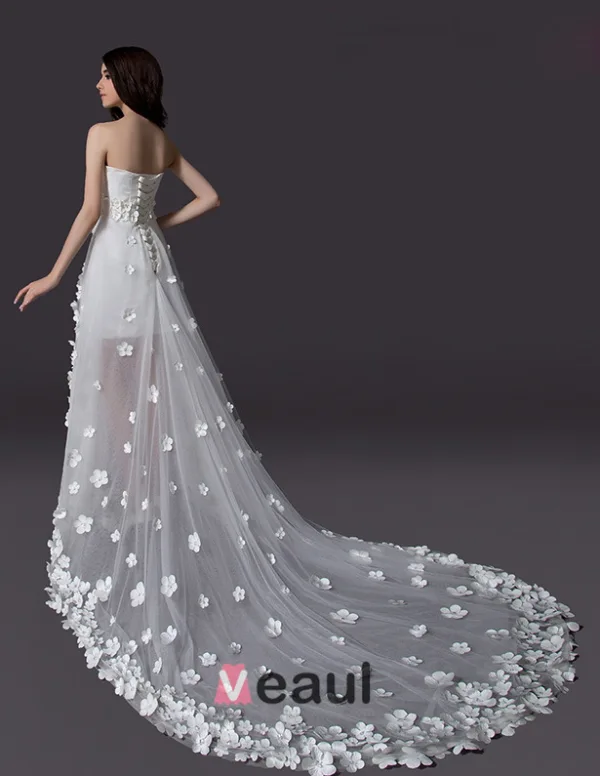2015 A-line Embroidered Flower Asymmetrical Tulle Short Wedding Dress
