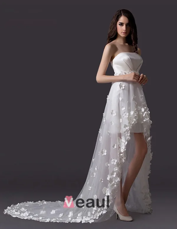 2015 A-line Embroidered Flower Asymmetrical Tulle Short Wedding Dress