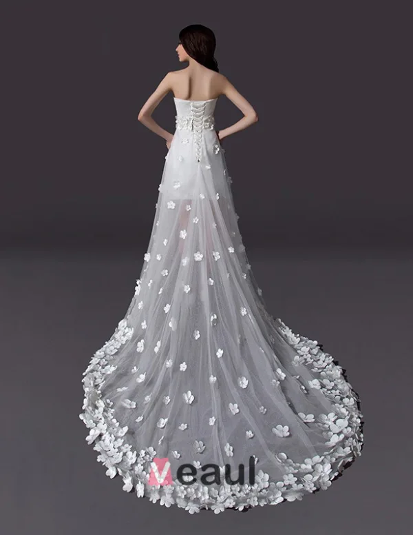 2015 A-line Embroidered Flower Asymmetrical Tulle Short Wedding Dress